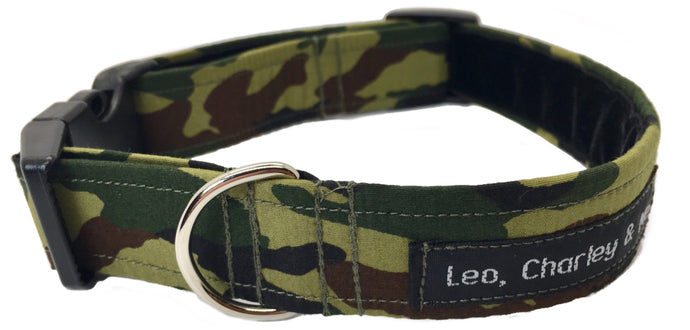 Washable dog collar in camoflage greens with soft velvet lining.