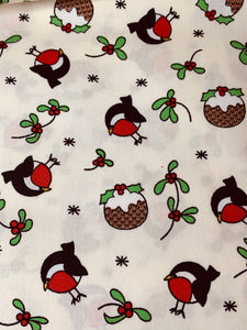 Christmas Pudding and Robin print fabric handmade dog collar, lead and bandana set. Boxed bargain.