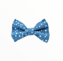 Handmade dog bow tie in cotton print. Made by hand in the U.K. and washable. Airforce blue spotted cotton poplin dog bow tie.