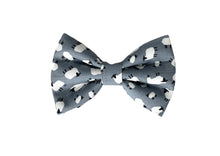 Silver sheep print dog bow tie. Handmade in the UK and washable.