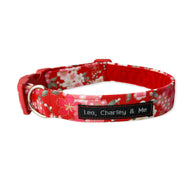 Gorgeous red floral handmade dog collar in a Japanese Blossom print. Made in the UK