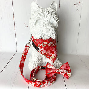 Beautiful red handmade Japanese Blossom print dog collar, lead, bandana and bow on a Westie. Made in the U.K. and washable 