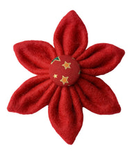 Christmas Star print red felt dog collar flower  with star central button. Handmade in the UK