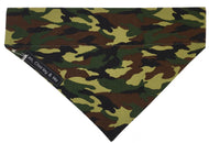 Handmade washable dog bandana in green cotton poplin Camouflage print. Made in the UK