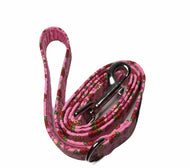 Strawberries and Roses dog lead in pink cotton fabric. Handmade and washable dog lead
