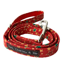 Cute handmade cotton dog lead in cherry red cotton poplin printed with a multitude of stars in dark red, gold and green.  Such a dapper look for the festive season and beyond!  Matching accessories available for owners so you can Twin With Your Dog.