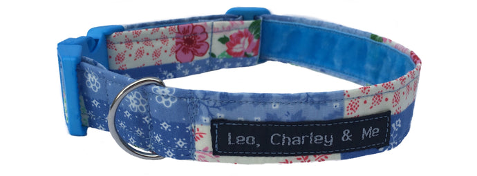 Pretty handmade patchwork dog collar in pink  and blue. Made in the UK and washable