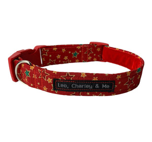 Handmade Christmas Star dog collar with soft red velvet lining. Handmade in the UK and washable. Perfect present for your dog this Christmas 