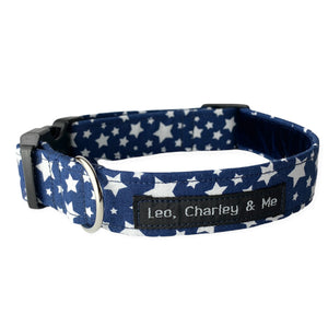 Midnight Sky navy dog collar with white star print. Handmade and washable. Made in the UK