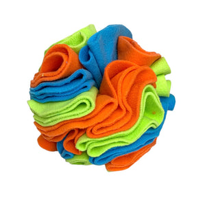 Green, orange and blue Bright coloured fleece enrichment toy for dogs. Snuffle ball in three sizes made in the UK
