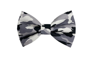 Arctic Camouflage print monochrome dog bow tie with matching accessories of collar, bandana, lead, collar flower and items for owners. Handmade in the UK and washable.