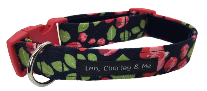 Navy and pink floral fabric dog collar with green foliage and a soft navy velvet lining. Hand made in th U.K. and washable. 