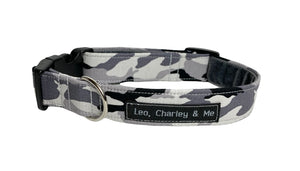Arctic Camouflage print monochrome dog collar with matching accessories of bandana, lead, bow, collar flower and items for owners. Handmade in the UK and washable.
