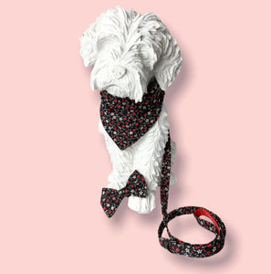 Dog mannequin wearing a Crimson Posy collar, bandana and lead with black hardware. Luxury dog accessories  made in the UK 