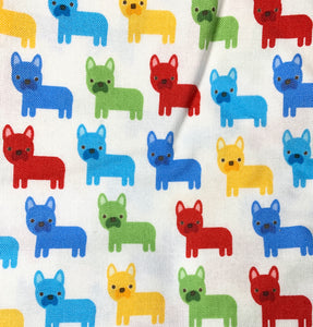 Bright Frenchie print fitted cotton facemasks. Washable and reusable. Made in the U.K. 