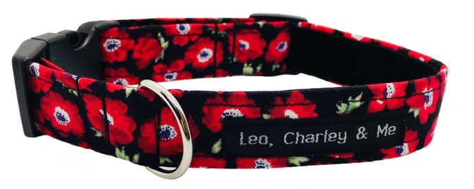 Red Poppy handmade fabric dog collar with black velvet lining 