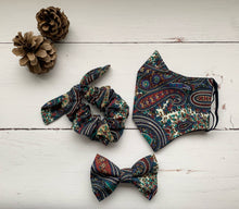Hand made paisley cotton fitted face mask with matching scrunchie and dog bow tie. Made in the UK and washable