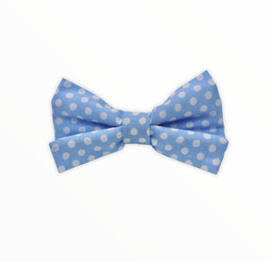 Handmade dog bow tie in cotton print. Made by hand in the U.K. and washable. Pale blue cotton poplin dog bow tie with white spots 