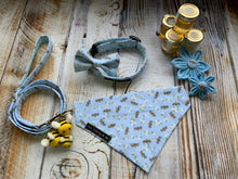 Spring Collection of Busy Bees in Blue handmade dog collar, lead, bandana, bow and collar flowers. Made in the UK and washable.
