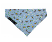 Hand made baby blue cotton bandana with cute bee and daisy print. Pretty bandana from the Spring Collection at Leo Charley & Me. Made in the UK and washable