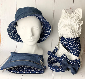 Midnight Sky print dog collar, bandana, bow and lead, Upcycled denim dog bow  with matching hat and bag  for owners.