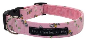 Washable cotton dog collar, Pretty pink fabric with tiny bees and flowers printed on it. Handmade in the U.K. 