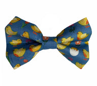 Handmade Chick print dog bow tie in cotton poplin. Handmade in the UK and washable.