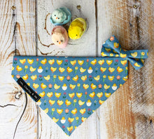 Handmade chick and egg print dog bow tie with matching dog bandana. Handmade in the UK and washable
