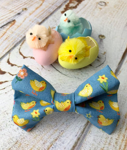 Handmade dog bow tie in Chick and egg print on a blue background. Made in the UK and washable
