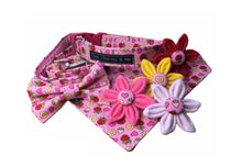 Strawberries and Roses dog accessories including collar, bandana, bow tie and flowers. 