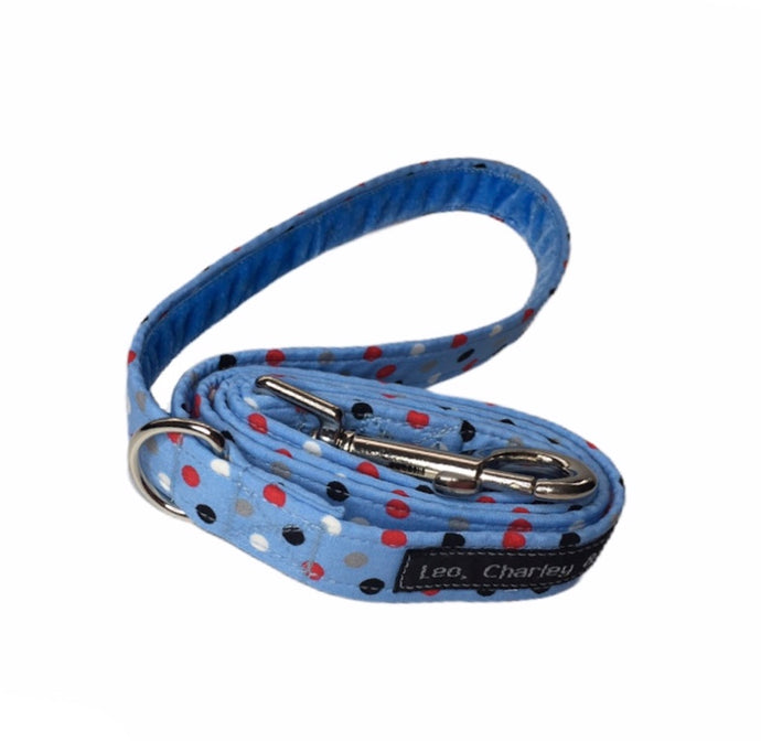 Pale blue cotton poplin fabric dog lead with red, white and blue polka dots. Named after our famous doggy model Dilyn The Downing Street Dog. Handmade and washable. 