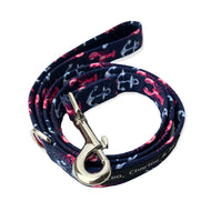 Lobster print hand made dog lead with navy velvet handle. Made in the U.K. and washable. 