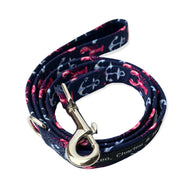 Lobster print hand made dog lead with navy velvet handle. Made in the U.K. and washable.