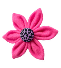 Hand made pink felt collar flower with rainbow leopard central button. Made in the U.K.  