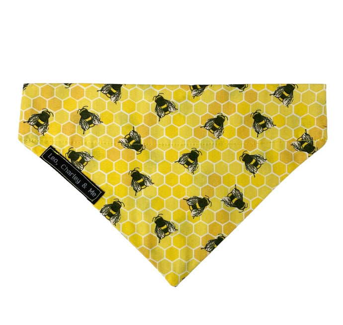 Bright Yellow honeycomb and bee print bandana with matching accessories for owners. Handmade in the UK and washable. 