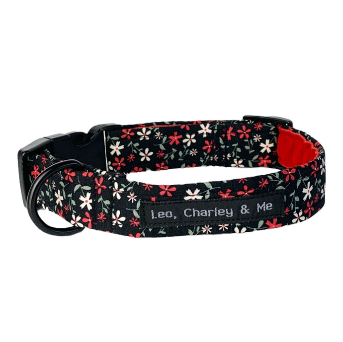  Rims on Posy dog collar with bright red velvet ribbon lining. Matte black hardware and black buckle. Made in the UK and washable 