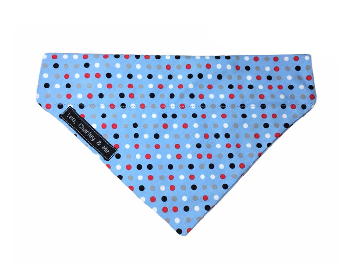 Pale blue spotty dog bandana named after Dilyn The Downing Street Dog. Hand made in the U.K. washable.