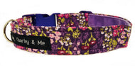 Lovely lilac floral print cotton fabric dog collar with purple accents with a gorgeous, soft lilac velvet ribbon lining.  Finished off with a vibrant purple co-ordinating side release buckle.