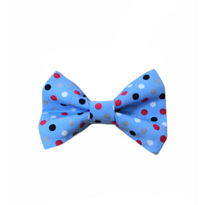 Pale blue polka dot dog bow tie. Named after our most famous doggy model. Dilyn The Downing Street Dog. 