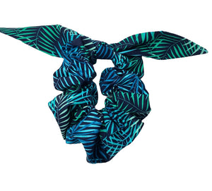 Tropical Palm leaf print hair scrunchie  in shades of turquoise, green and blue 