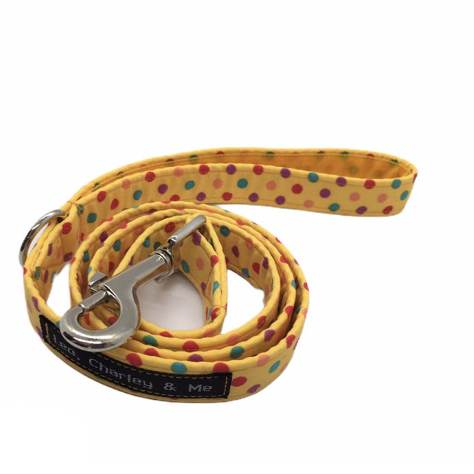 Sunshine Spot yellow dog lead, perfectly co-ordinates with our Sunshine Spot dog collar and accessories. Hand made in the U.K. and washable. 