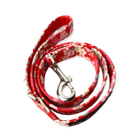 Gorgeous red floral print handmade dog lead with red velvet handle lining. Made in the U.K. in a pretty Japanese design.