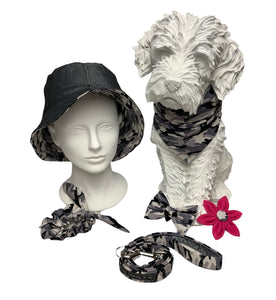 Collection of Arctic Camo dog colar and accessories with hat and hair scrunchie for owners. Handmade in the UK 