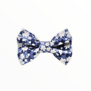 Pretty floral cotton poplin handmade dog bow tie in shades of denim blue