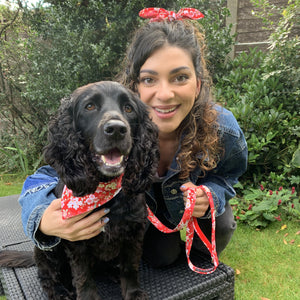 Charley and Hannah twinning in Japanese Blosson bandana and  scrunchie for twin with your dog day