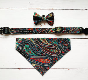 Handmade Paisley print dog collar, bandana and bow tie. Made in the UK and washable.